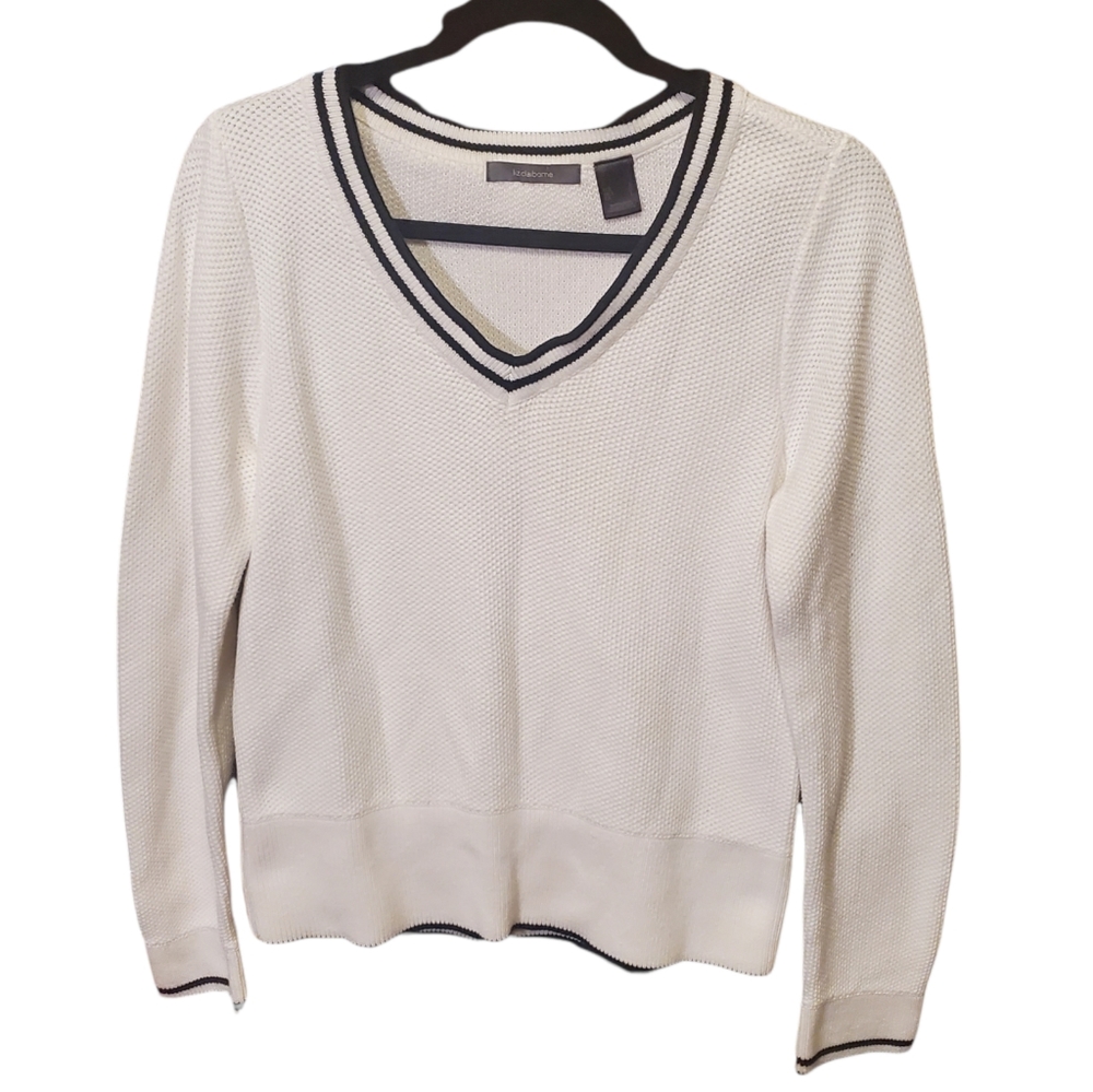 LIZ CLAIBORNE cute white V-neck tennis sweater L Large